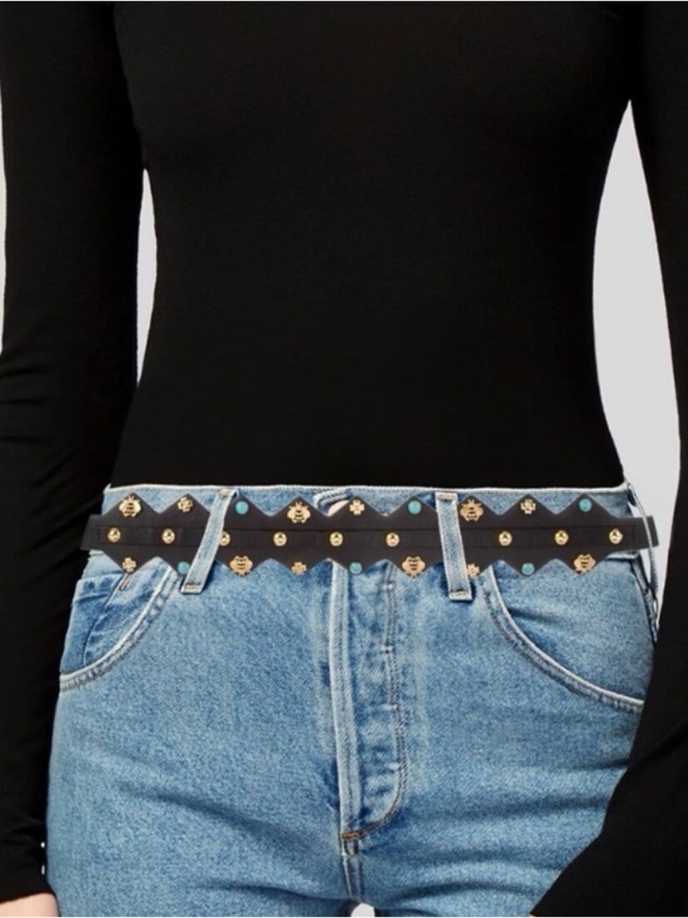 Black Scalloped Studded Leather Belt with Gold Accents